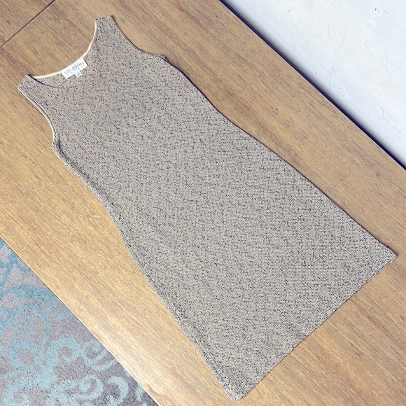St John Collection great shape tweed cotton khaki tan black stretchy knit dress - Picture 3 of 9